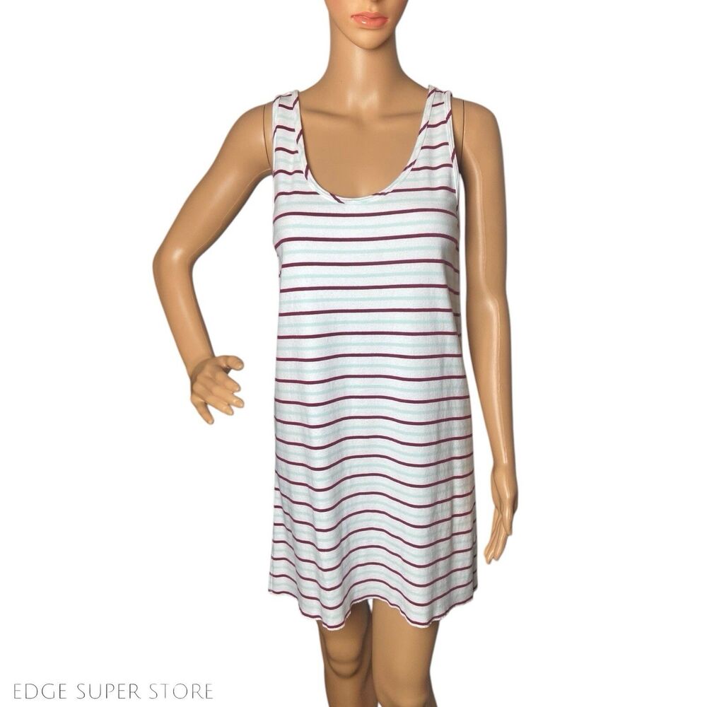 Lilla P Burgundy Red White Striped Sleeveless Scoop Neck Tank Dress Size Small